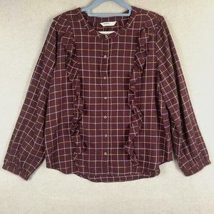 NEW Sonoma Petite Windowpane Plaid Flannel Long Sleeve Ruffle Shirt PXXL